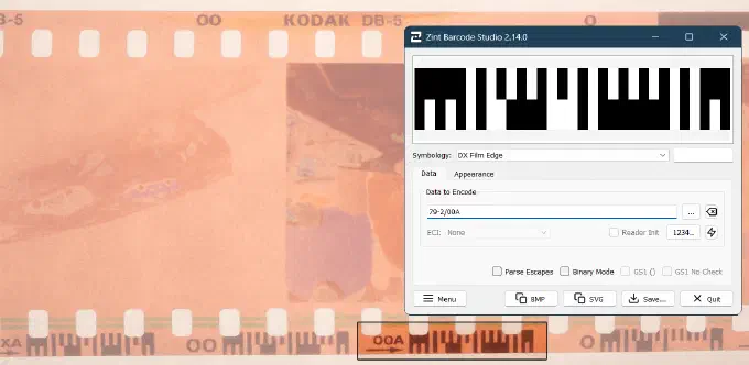 Checking manually a Zint generated barcode against an actual 35mm roll